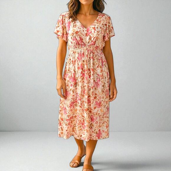 Frye & Co Pink & Red Floral Summer Dress Capped Sleeves Women's Size 2X Midi - Picture 1 of 14